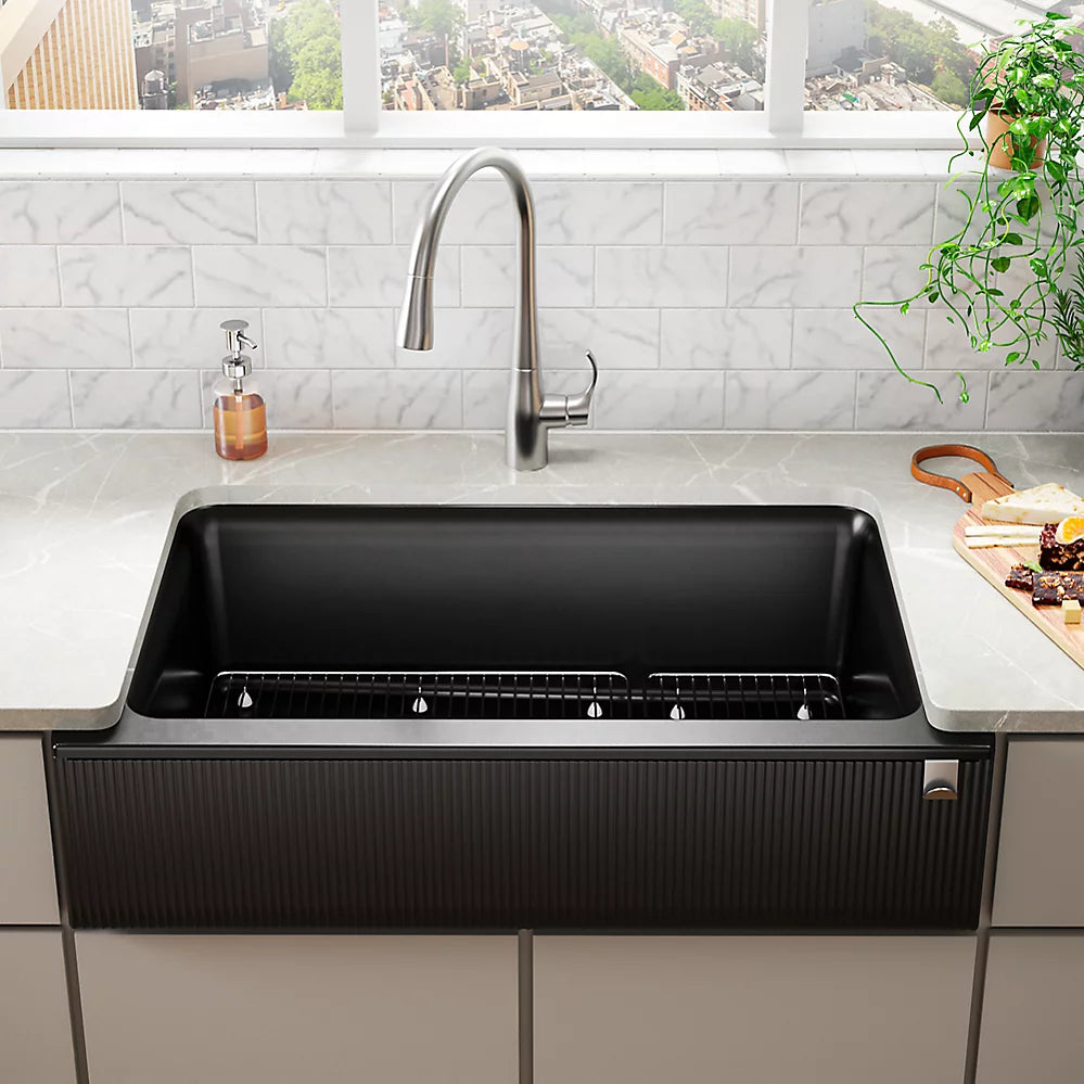 Kohler 34" undermount single-bowl farmhouse kitchen sink with fluted design