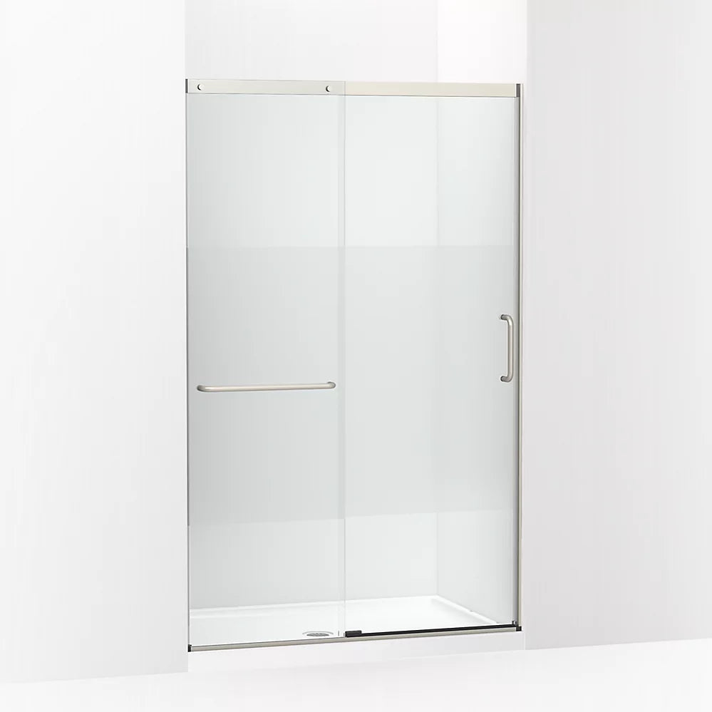 Kohler Sliding shower door, 75-1/2" H x 44-1/4 - 47-5/8" W, with heavy 5/16" thick Crystal Clear glass with privacy band