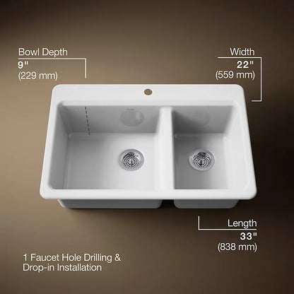 Kohler Riverby® 33" top-mount double-bowl workstation kitchen sink