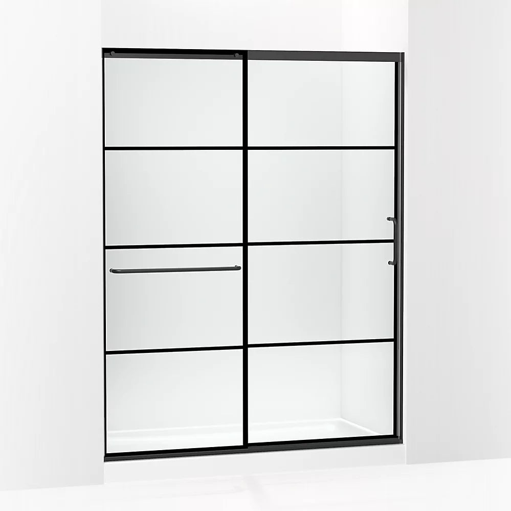 Kohler Sliding shower door, 75-1/2" H x 56-1/4 - 59-5/8" W, with heavy 5/16" thick Crystal Clear glass with rectangular grille pattern