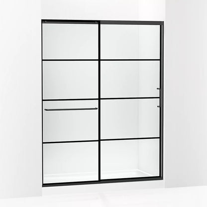 Kohler Sliding shower door, 75-1/2" H x 56-1/4 - 59-5/8" W, with heavy 5/16" thick Crystal Clear glass with rectangular grille pattern