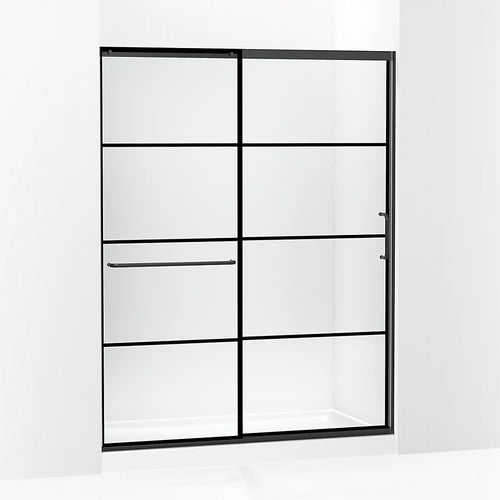 Kohler Sliding shower door, 75-1/2" H x 56-1/4 - 59-5/8" W, with heavy 5/16" thick Crystal Clear glass with rectangular grille pattern