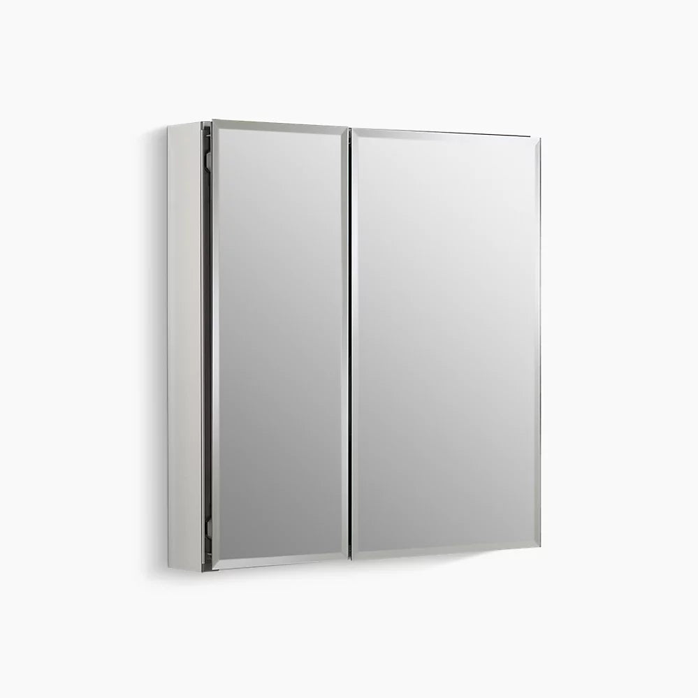 Kohler 25" W x 26" H aluminum two-door medicine cabinet with mirrored doors, beveled edges
