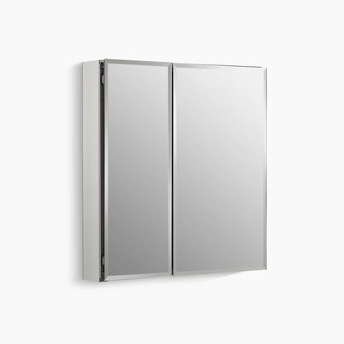 Kohler 25" W x 26" H aluminum two-door medicine cabinet with mirrored doors, beveled edges