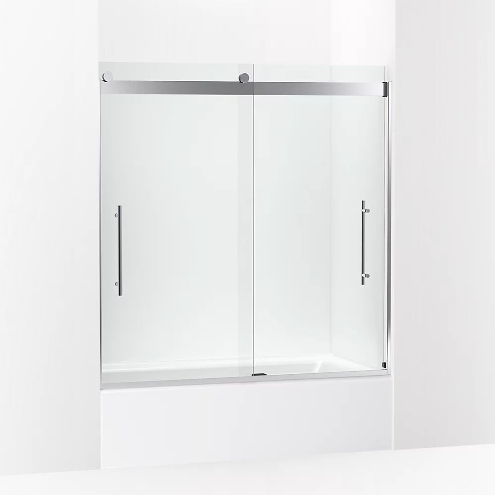 Kohler Frameless sliding bath door, 61-9/16" H x 56-5/8 - 59-5/8" W, with 5/16"-thick Crystal Clear glass