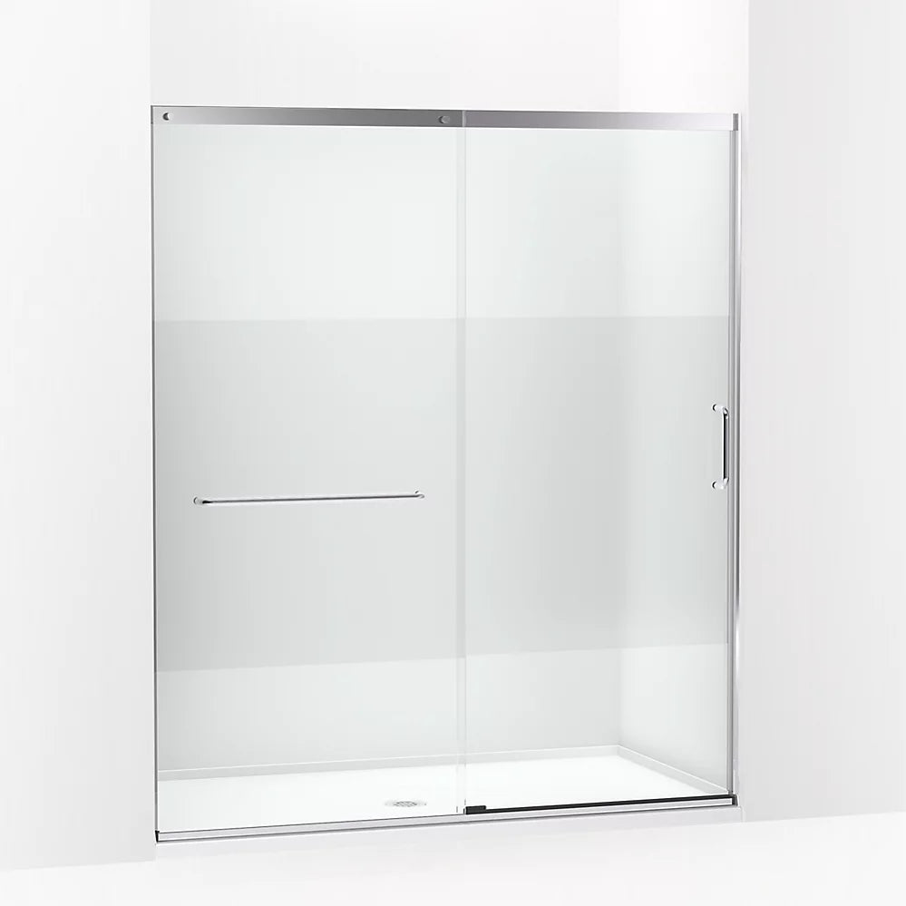 Kohler Sliding shower door, 75-1/2" H x 62-1/4 - 65-5/8" W with heavy 5/16" thick Crystal Clear glass with privacy band