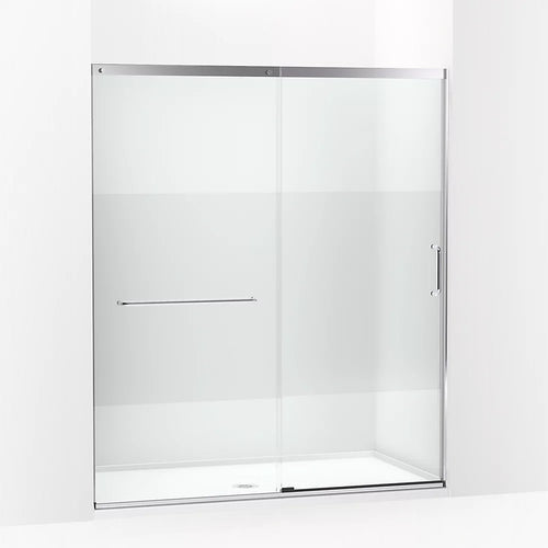 Kohler Sliding shower door, 75-1/2" H x 62-1/4 - 65-5/8" W with heavy 5/16" thick Crystal Clear glass with privacy band