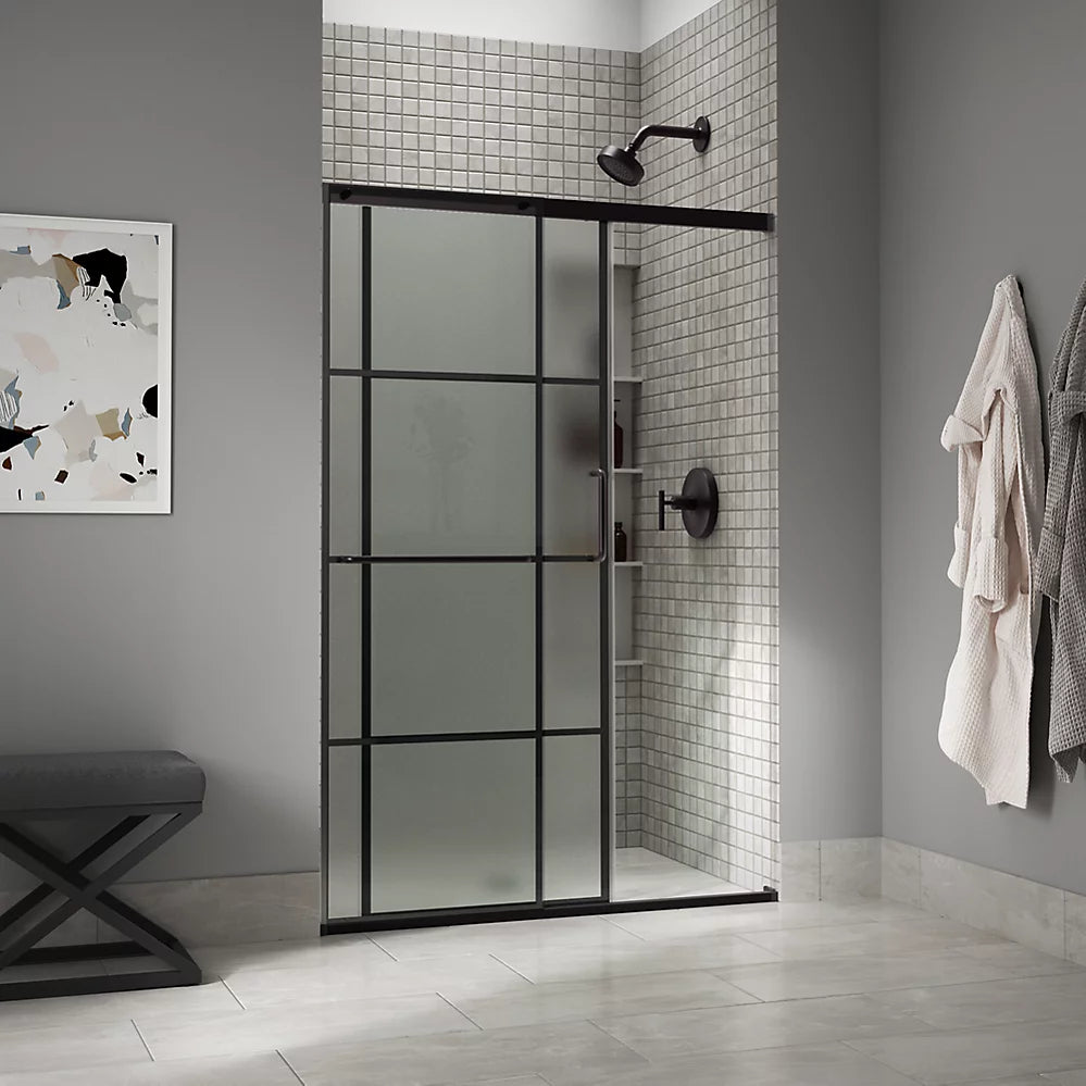 Kohler Sliding shower door, 75-1/2" H x 44-1/4 - 47-5/8" W, with heavy 5/16" thick Frosted glass with rectangular grille pattern
