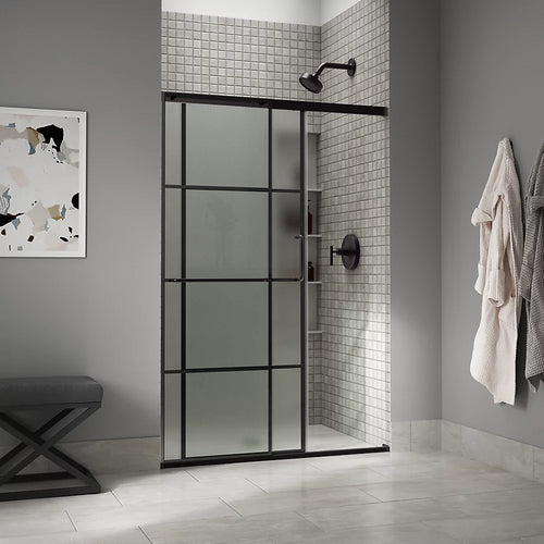 Kohler Sliding shower door, 75-1/2" H x 44-1/4 - 47-5/8" W, with heavy 5/16" thick Frosted glass with rectangular grille pattern