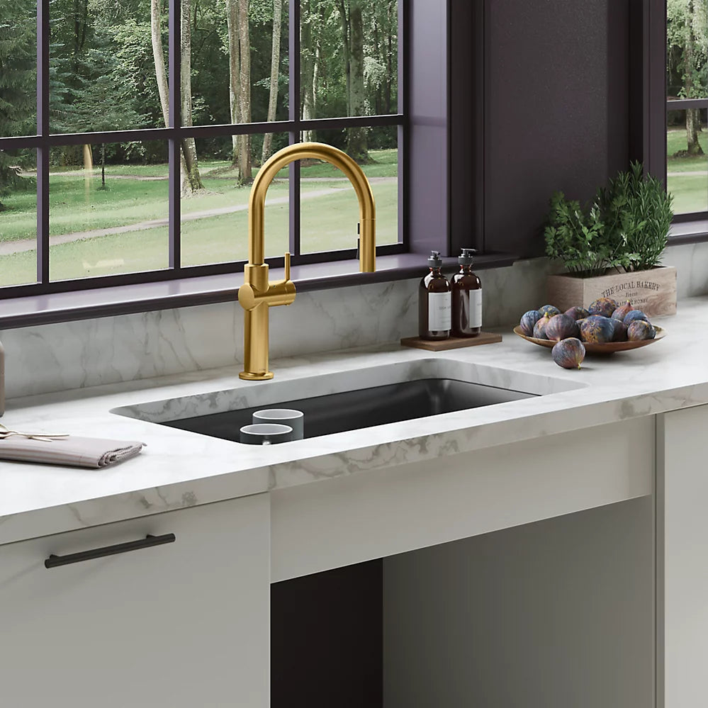 Kohler Touchless pull-down kitchen sink faucet with three-function sprayhead