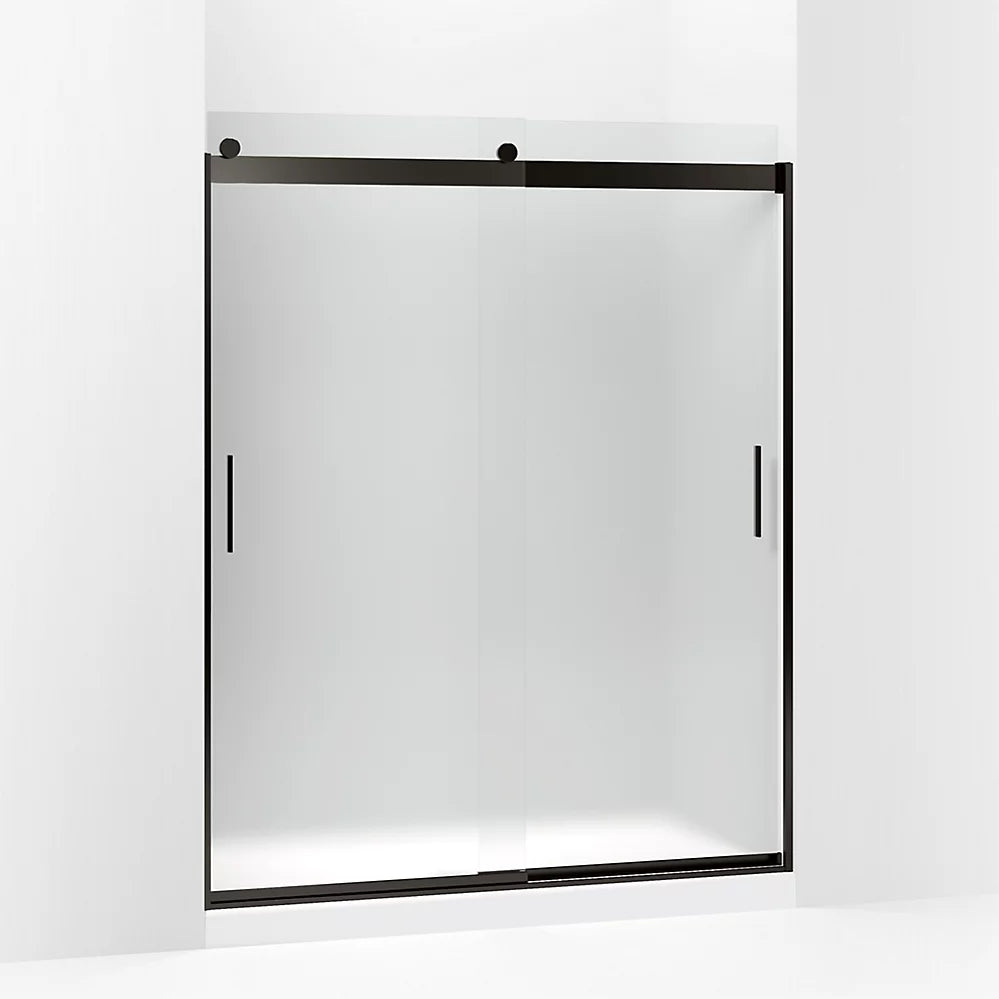 Kohler Sliding shower door, 74" H x 56-5/8 - 59-5/8" W, with 1/4" thick Frosted glass and blade handles