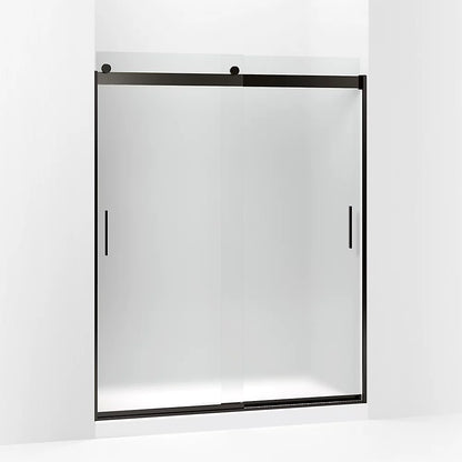 Kohler Sliding shower door, 74" H x 56-5/8 - 59-5/8" W, with 1/4" thick Frosted glass and blade handles