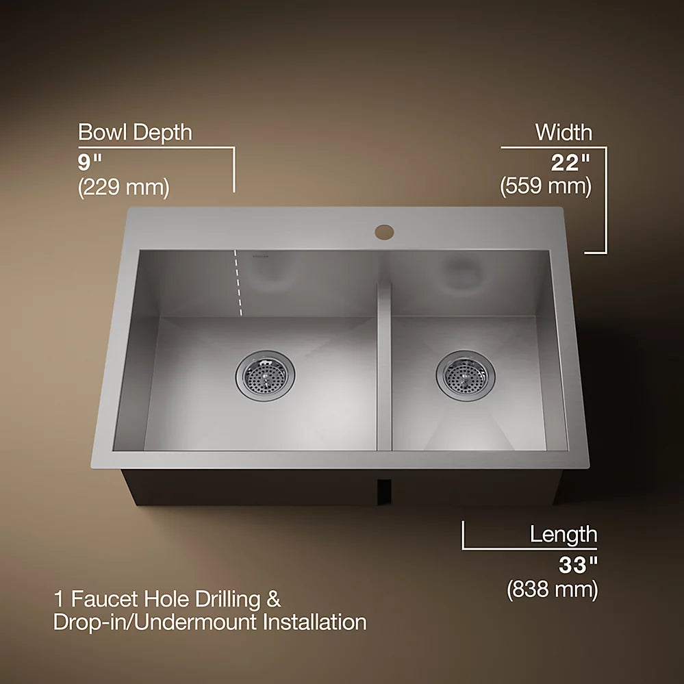 Kohler Vault™ Smart Divide® 33" top-/undermount double-bowl kitchen sink