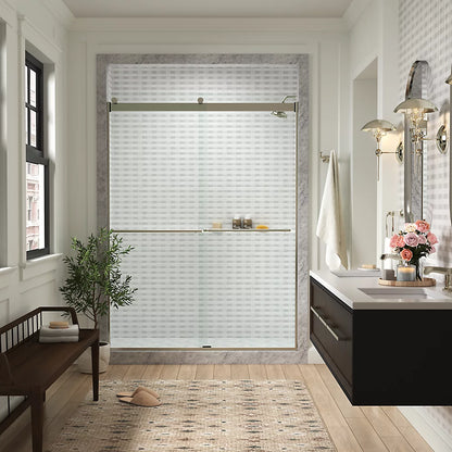 Kohler Frameless sliding shower door, 77-9/16" H x 56-5/8 - 59-5/8" W, with 5/16"-thick Crystal Clear glass