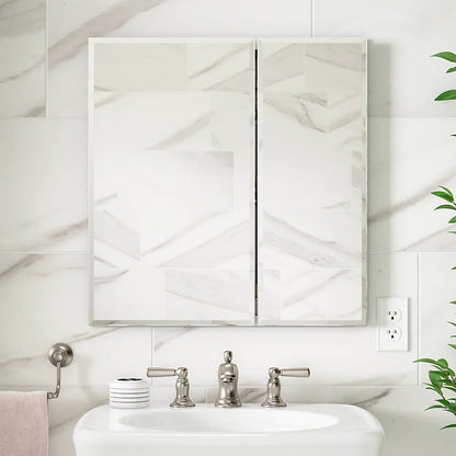 Kohler 25" W x 26" H aluminum two-door medicine cabinet with mirrored doors, beveled edges