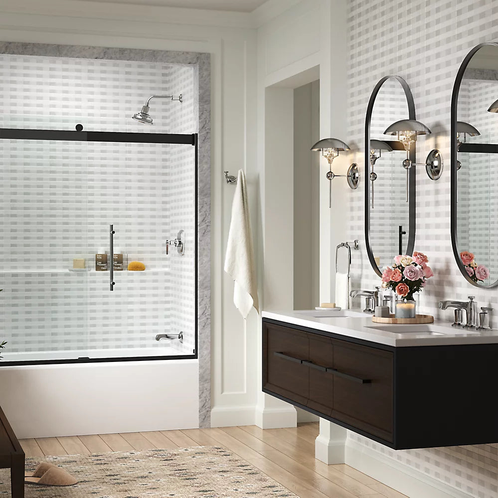 Kohler Frameless sliding bath door, 61-9/16" H x 56-5/8 - 59-5/8" W, with 5/16"-thick Crystal Clear glass