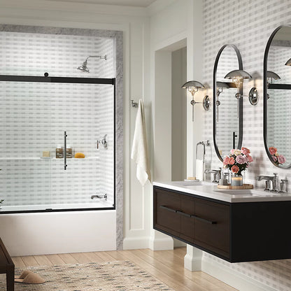 Kohler Frameless sliding bath door, 61-9/16" H x 56-5/8 - 59-5/8" W, with 5/16"-thick Crystal Clear glass