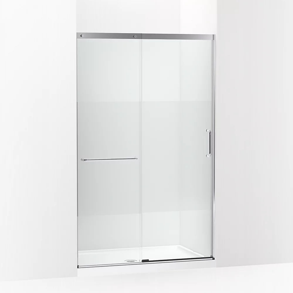 Kohler Sliding shower door, 75-1/2" H x 44-1/4 - 47-5/8" W, with heavy 5/16" thick Crystal Clear glass with privacy band