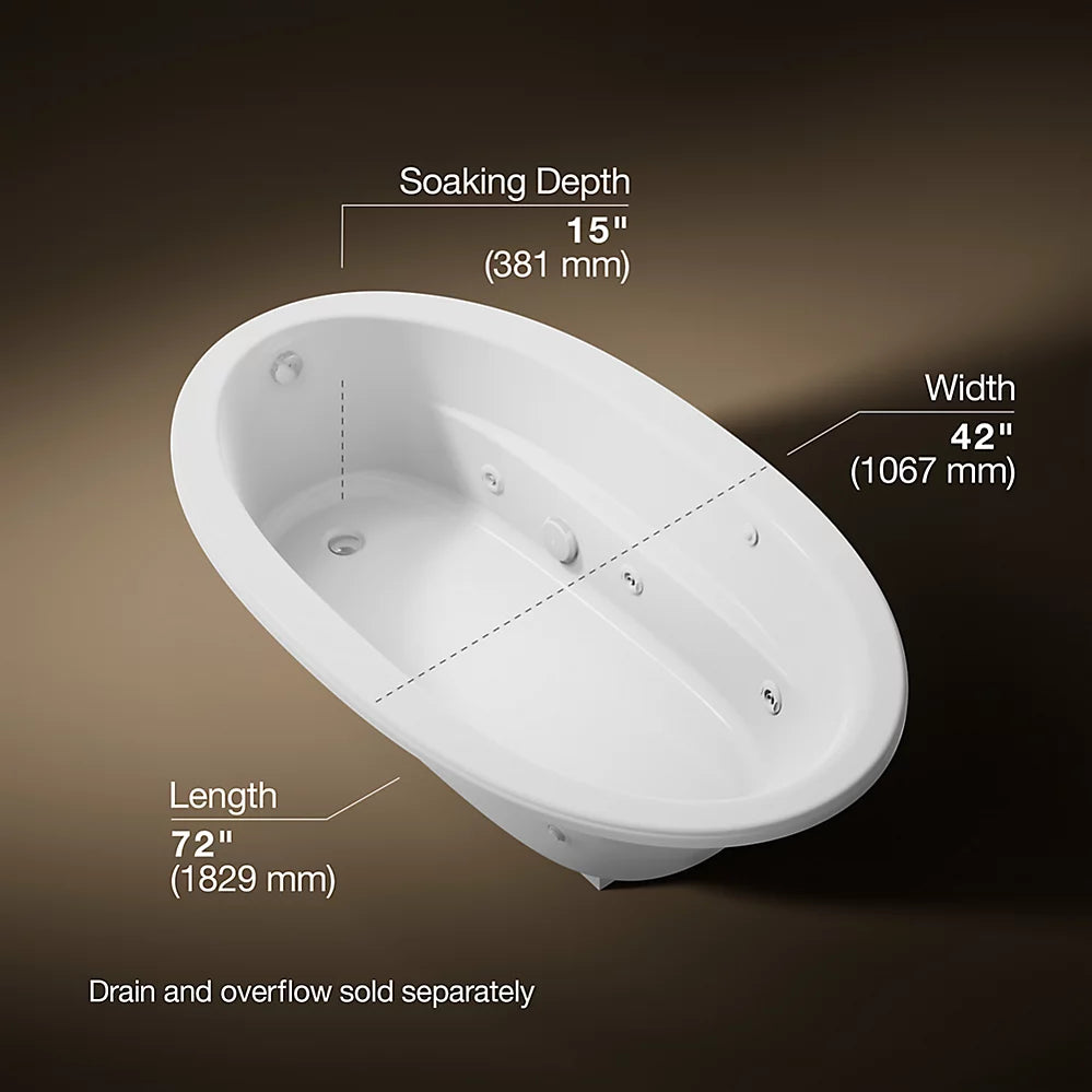Kohler Sunward Heated Whirlpool Bath 72 x 42-Inch Drop-In Bathtub