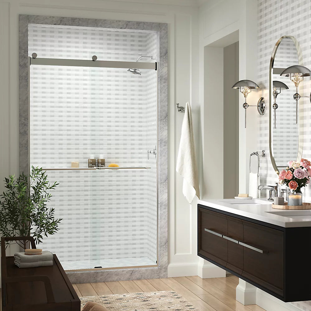 Kohler Frameless sliding shower door, 81-5/8" H x 44-5/8 - 47-5/8" W, with 3/8"-thick Crystal Clear glass