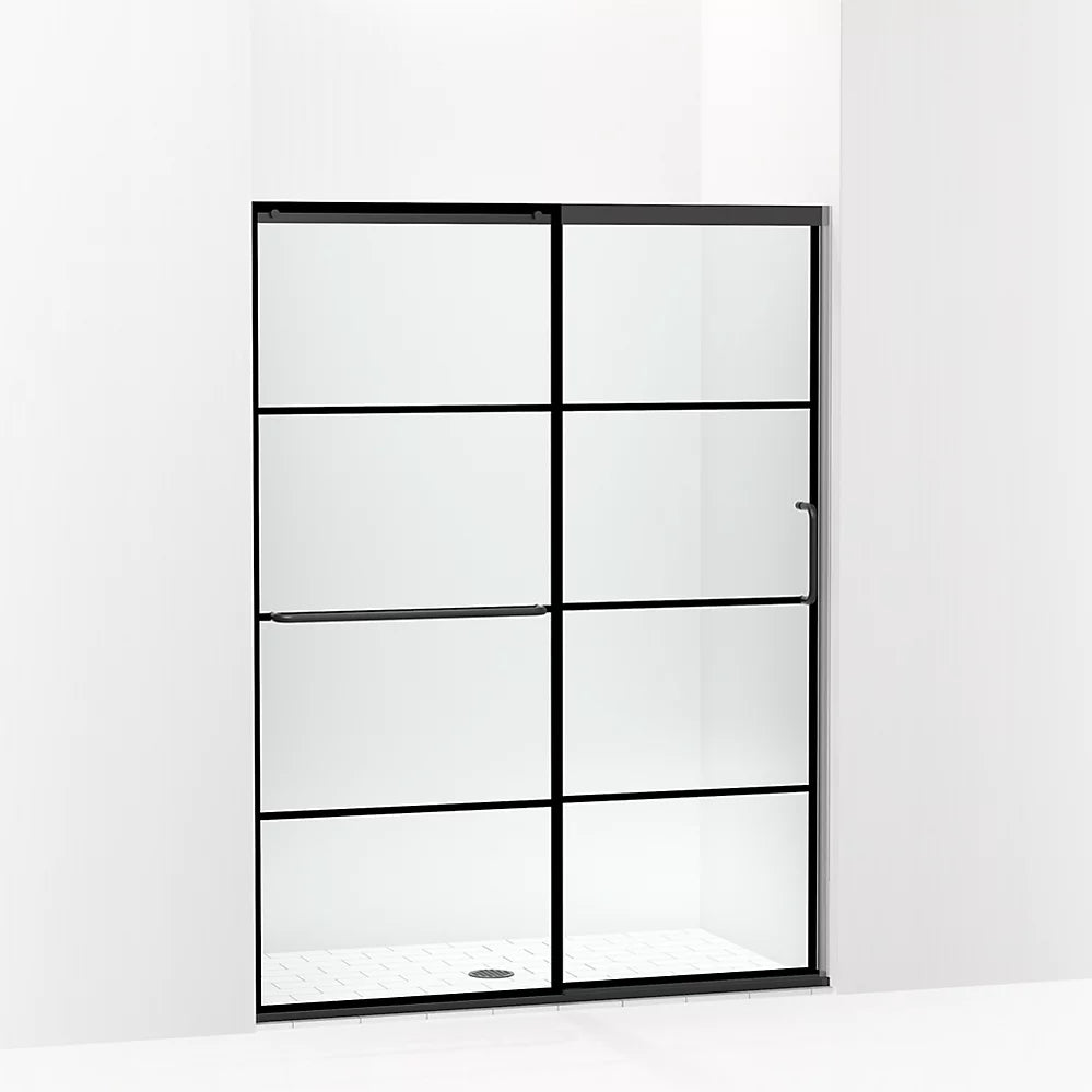 Kohler Sliding shower door, 70-1/2" H x 50-1/4 - 53-5/8" W, with 1/4" thick Crystal Clear glass with rectangular grille pattern