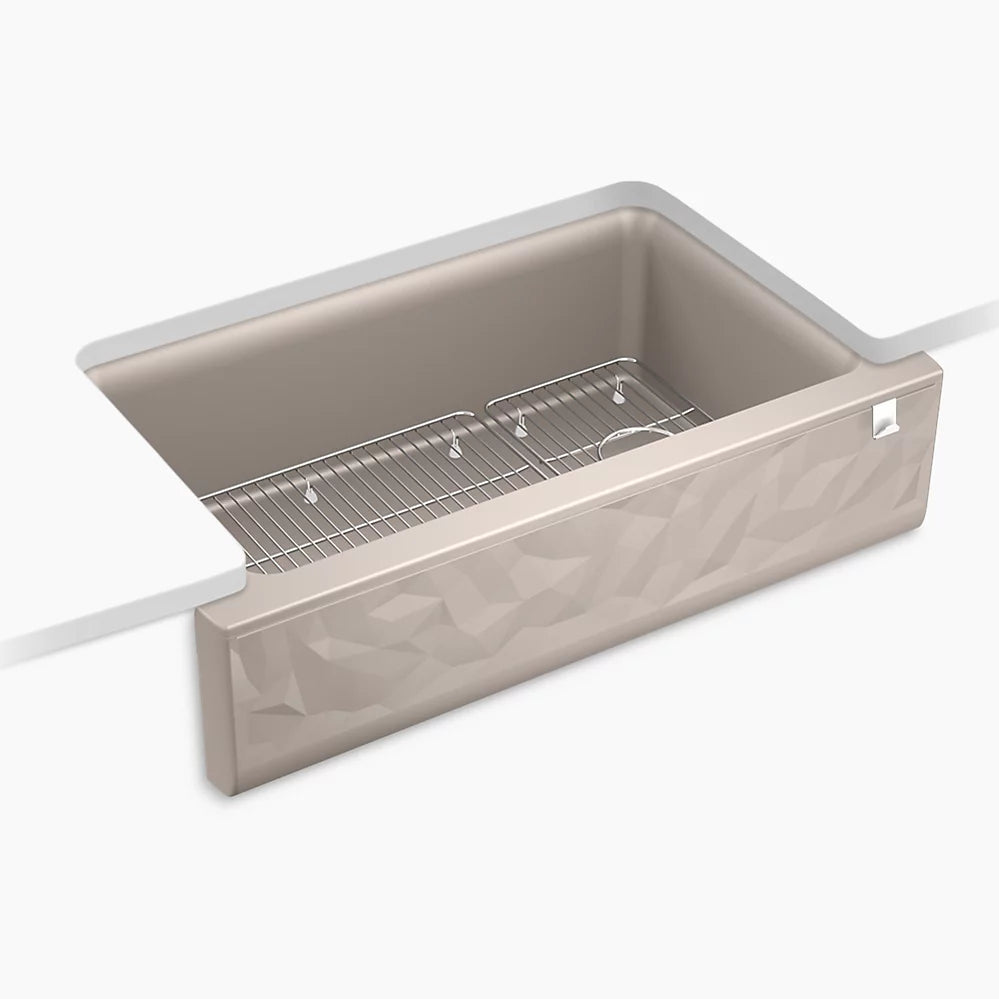 Kohler 34" undermount single-bowl farmhouse kitchen sink with faceted design