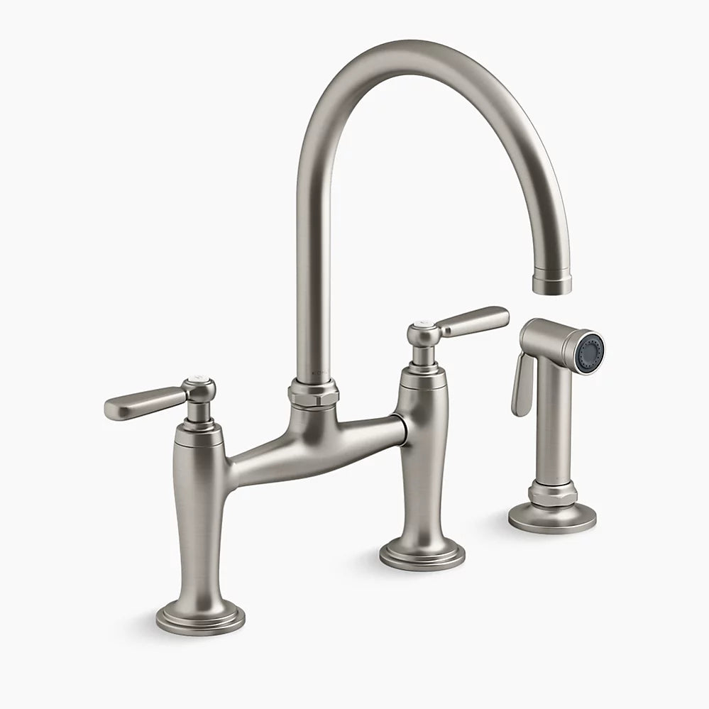 Kohler Two-hole bridge kitchen sink faucet with side sprayer