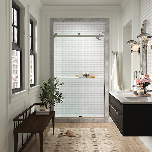 Kohler Frameless sliding shower door, 81-5/8" H x 44-5/8 - 47-5/8" W, with 3/8"-thick Crystal Clear glass