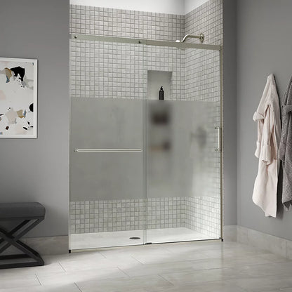 Kohler Sliding shower door, 75-1/2" H x 62-1/4 - 65-5/8" W with heavy 5/16" thick Crystal Clear glass with privacy band