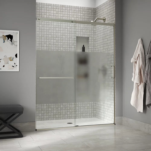 Kohler Sliding shower door, 75-1/2" H x 62-1/4 - 65-5/8" W with heavy 5/16" thick Crystal Clear glass with privacy band