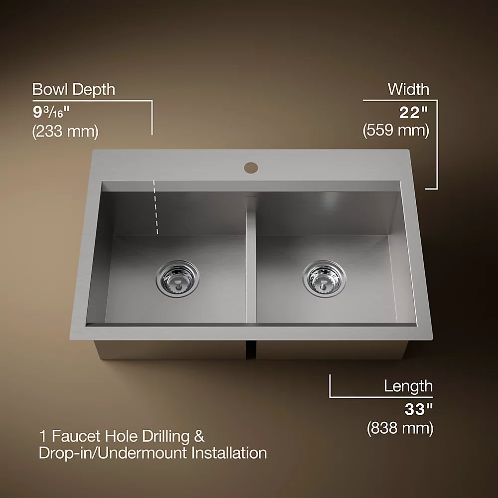 Kohler Task™ Smart Divide® Smart Divide® 33" top-/undermount double-bowl workstation kitchen sink
