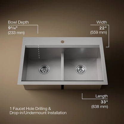 Kohler Task™ Smart Divide® Smart Divide® 33" top-/undermount double-bowl workstation kitchen sink