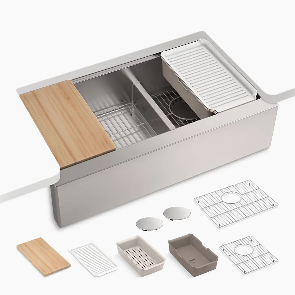 Kohler Smart Divide® 35-1/2” undermount double-bowl farmhouse workstation kitchen sink