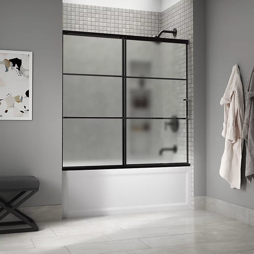 Kohler Sliding bath door, 56-3/4" H x 56-1/4 - 59-5/8" W with heavy 5/16" thick Frosted glass with rectangular grille pattern