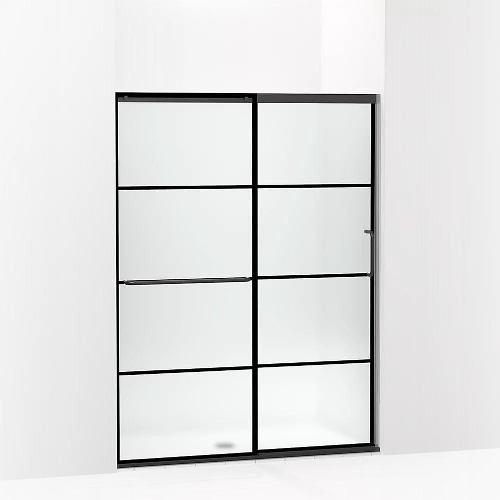 Kohler Sliding shower door, 70-1/2" H x 50-1/4 - 53-5/8" W, with 1/4" thick Frosted glass with rectangular grille pattern