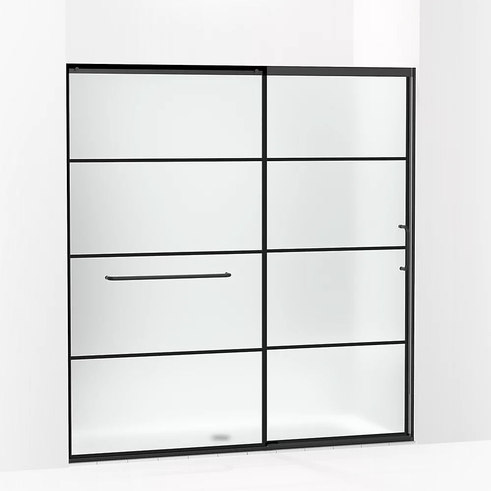 Kohler Sliding shower door, 75-1/2" H x 68-1/4 - 71-5/8" W, with heavy 5/16" thick Frosted glass with rectangular grille pattern