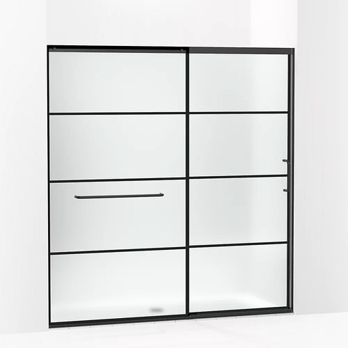 Kohler Sliding shower door, 75-1/2" H x 68-1/4 - 71-5/8" W, with heavy 5/16" thick Frosted glass with rectangular grille pattern