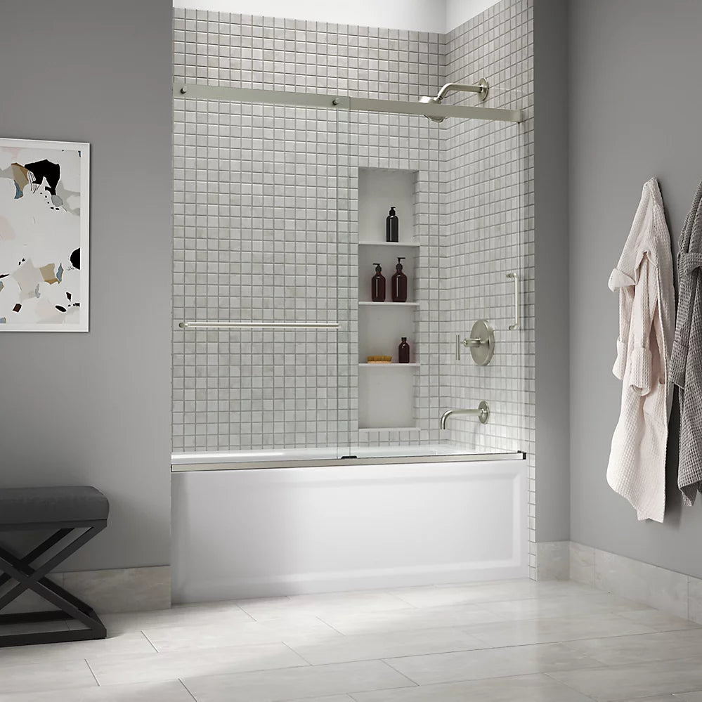 Kohler Sliding bath door, 56-3/4" H x 56-1/4 - 59-5/8" W with heavy 5/16" thick Crystal Clear glass