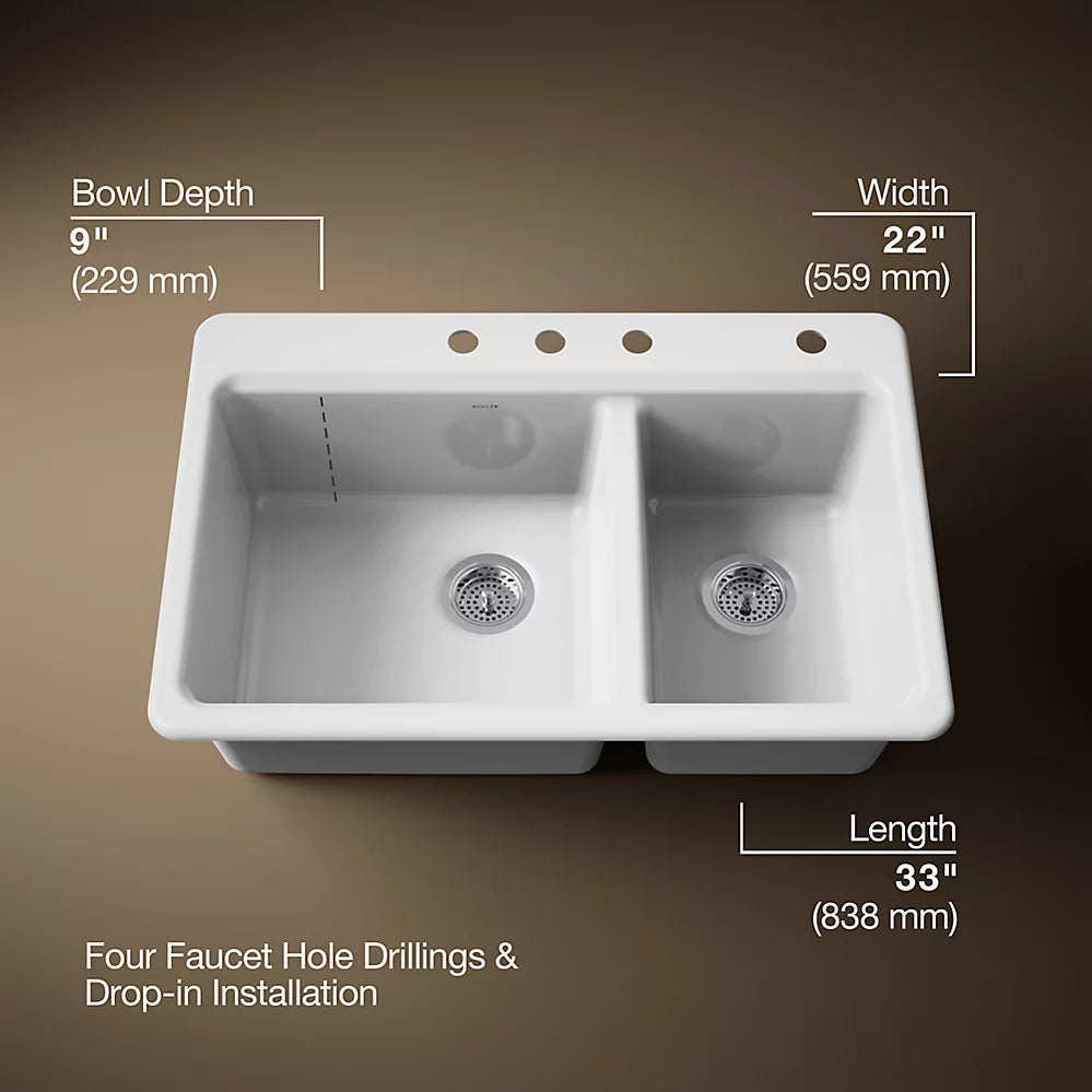 Kohler Riverby® 33" top-mount double-bowl kitchen sink