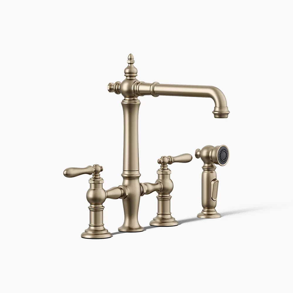 Kohler Three-hole bridge kitchen sink faucet with side sprayer