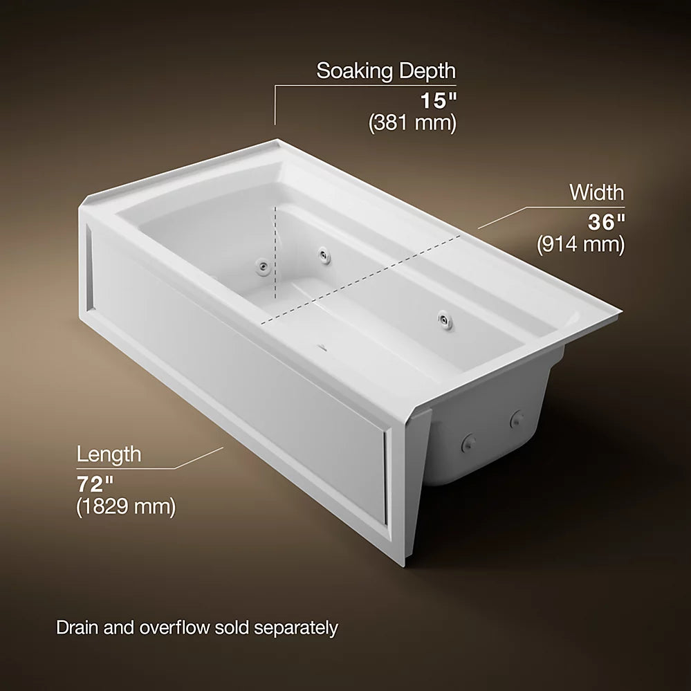Kohler Archer Whirlpool Bath Right Drain 72 x 36-Inch Alcove Bathtub