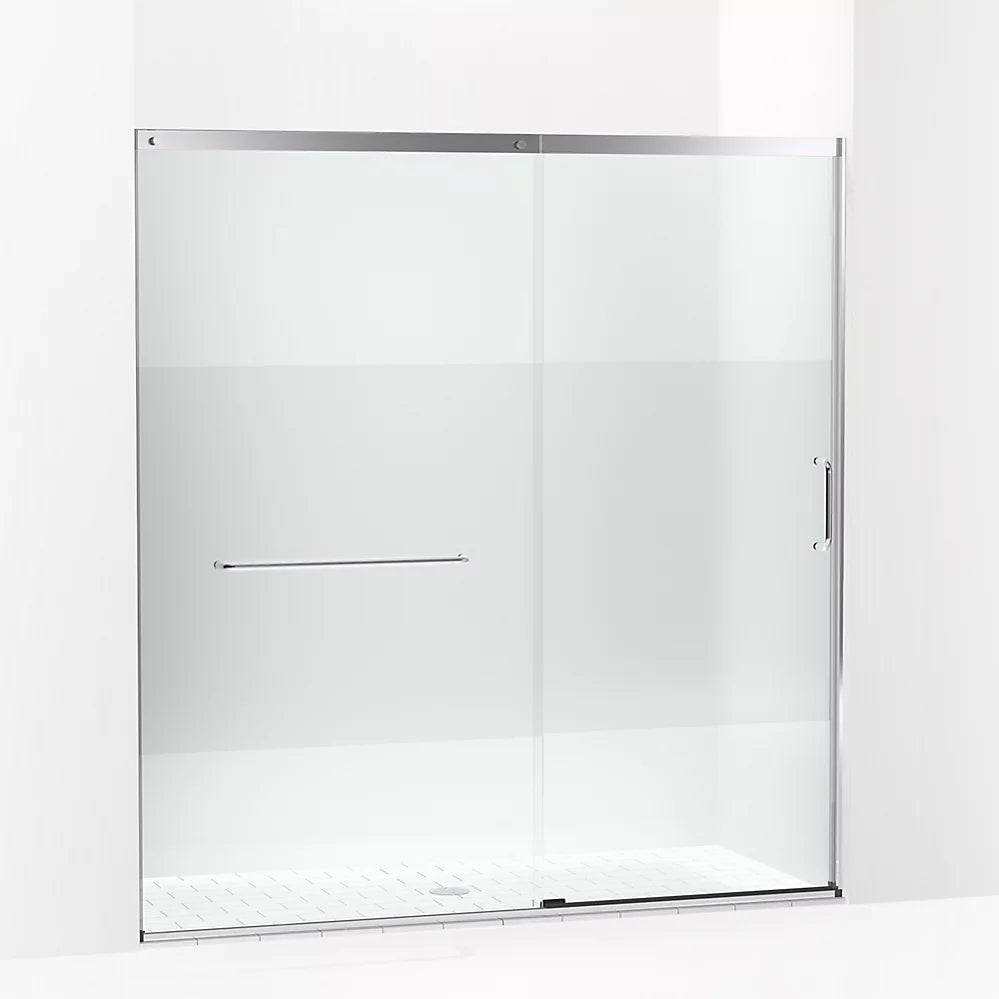 Kohler Sliding shower door, 75-1/2" H x 68-1/4 - 71-5/8" W, with heavy 5/16" thick Crystal Clear glass with privacy band