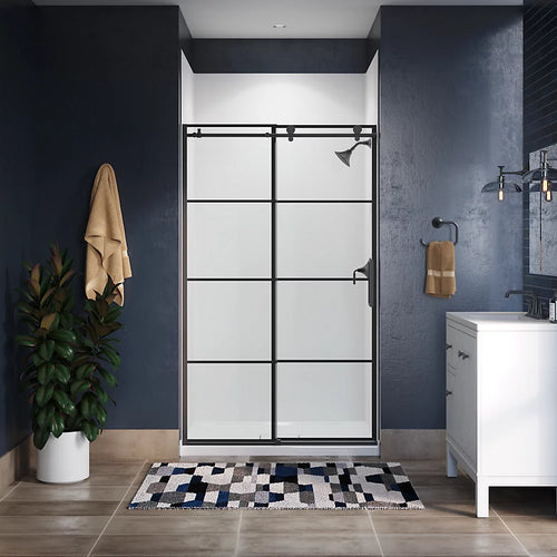 Kohler Sliding shower door, 78" H x 44-1/8 - 47-7/8" W, with 3/8" thick Crystal Clear glass with rectangular grille pattern
