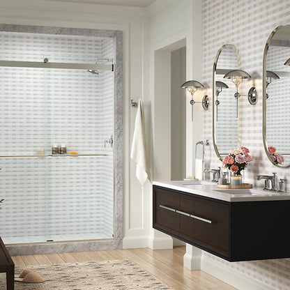 Kohler Frameless sliding shower door, 77-9/16" H x 56-5/8 - 59-5/8" W, with 5/16"-thick Crystal Clear glass