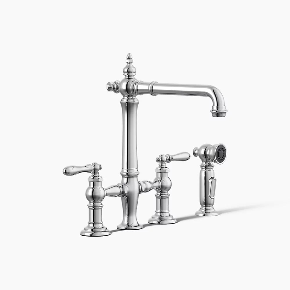 Kohler Three-hole bridge kitchen sink faucet with side sprayer