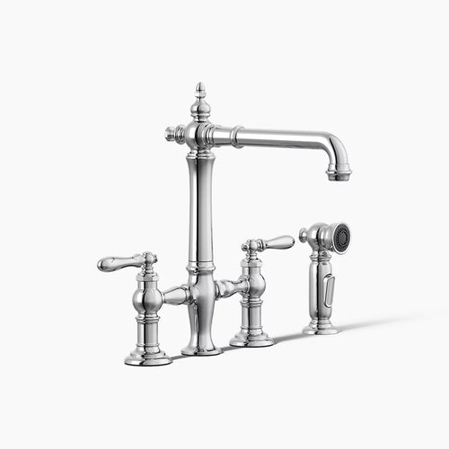 Kohler Three-hole bridge kitchen sink faucet with side sprayer