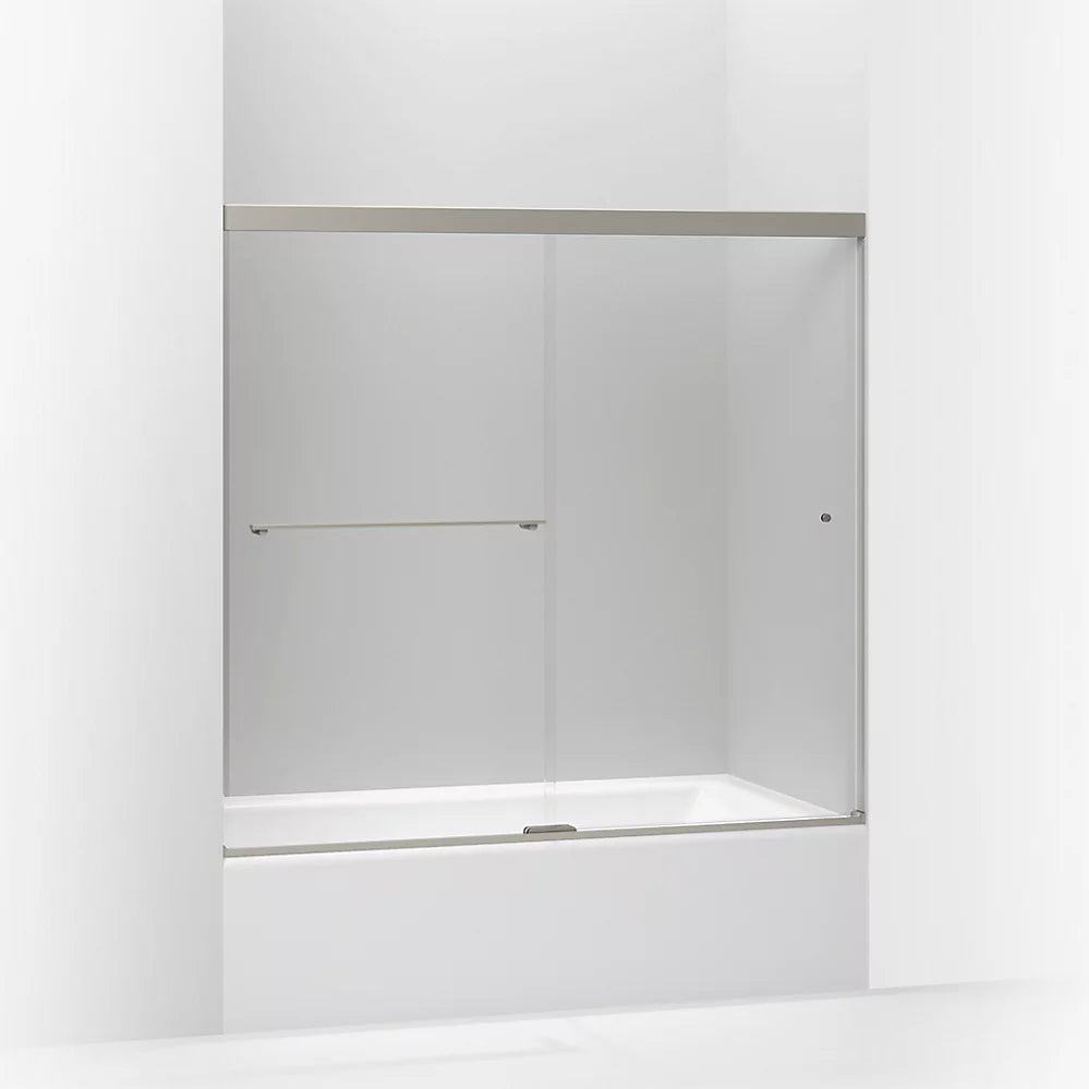 Kohler Sliding bath door, 55-1/2" H x 56-5/8 - 59-5/8" W, with 1/4" thick Crystal Clear glass