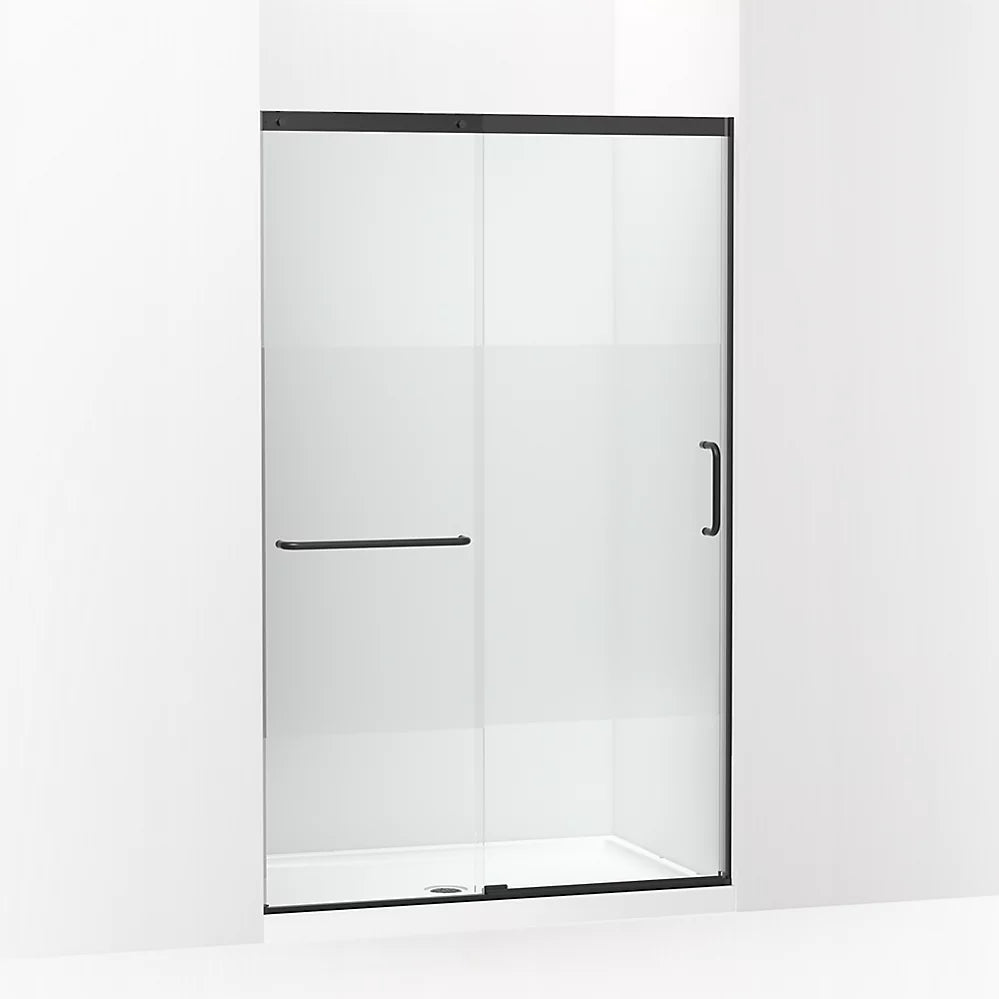 Kohler Sliding shower door, 75-1/2" H x 44-1/4 - 47-5/8" W, with heavy 5/16" thick Crystal Clear glass with privacy band