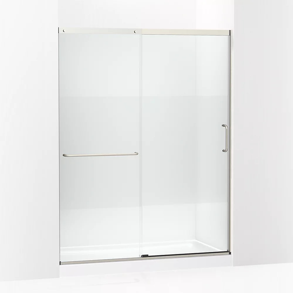 Kohler Sliding shower door, 75-1/2" H x 56-1/4 - 59-5/8" W, with heavy 5/16" thick Crystal Clear glass with privacy band