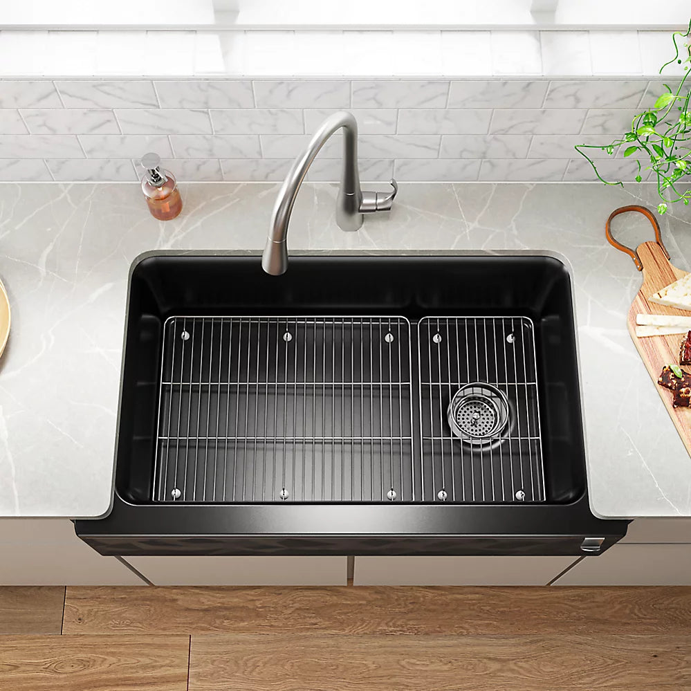 Kohler 34" undermount single-bowl farmhouse kitchen sink with faceted design